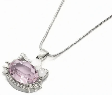 Cadena de acero quirurgico con dije hello Kitty cubic rosa y micro pave cristal 40cm + 5cm